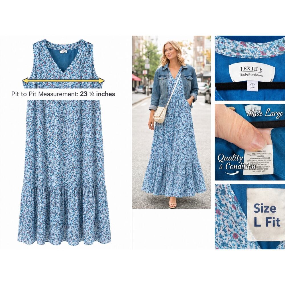 TEXTILE Elizabeth James‎ Blue Floral Maxi Dress Women’s Large Boho Cottagecore